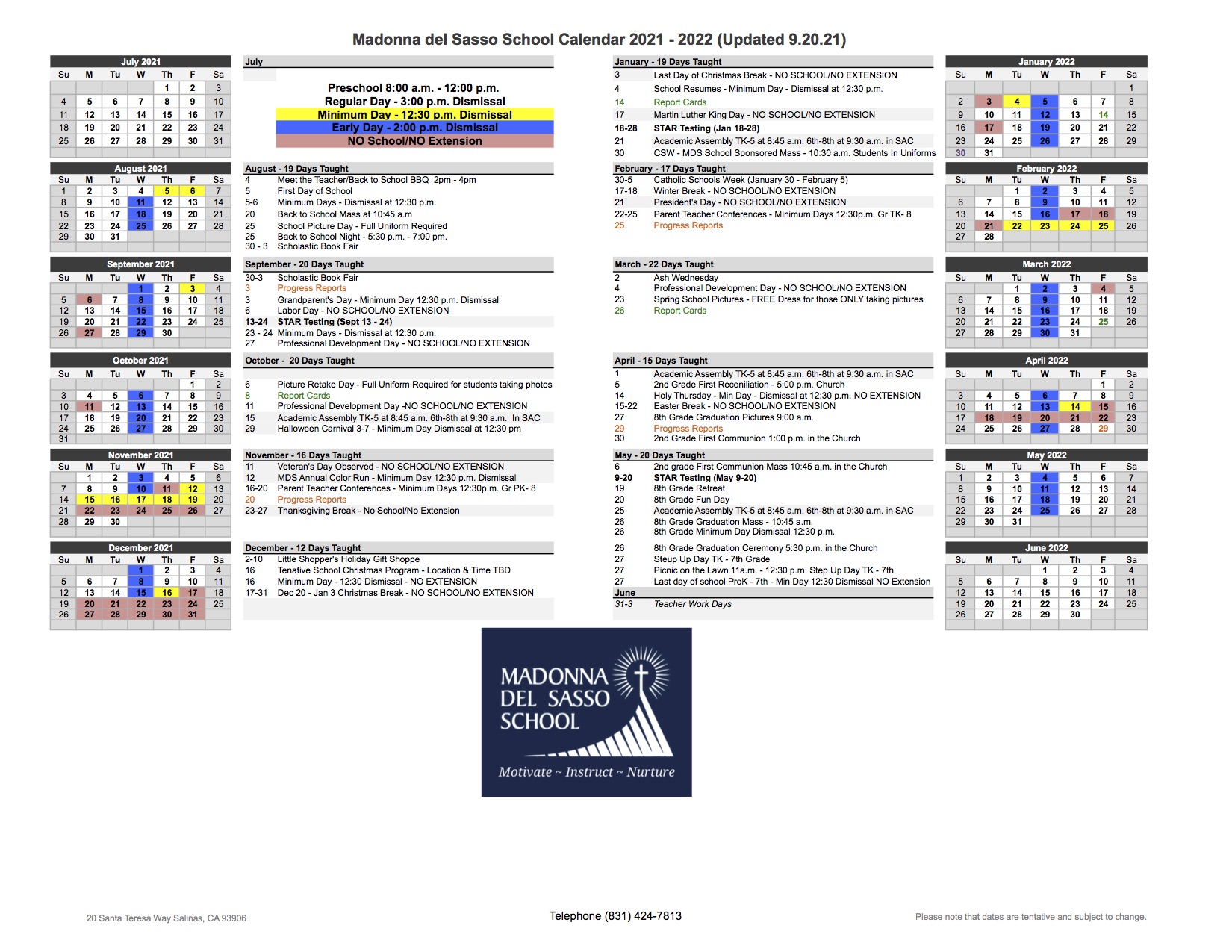Calendar Madonna Del Sasso School